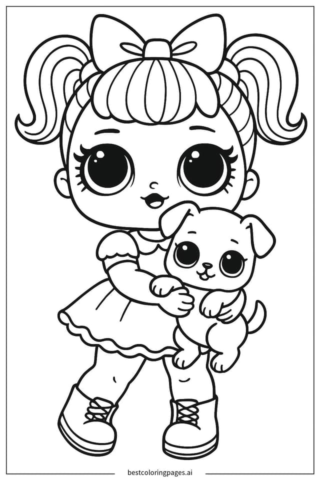 ภาพระบายสี ตุ๊กตา LOL กับลูกสุนัข
