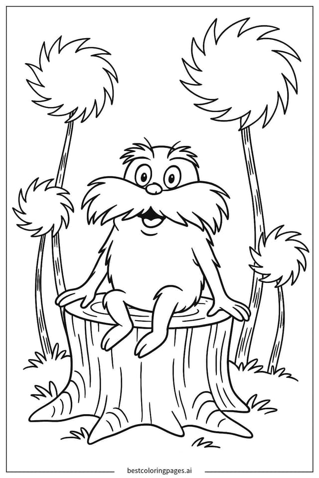 Lorax Relaxing on a Tree Stump Coloring Page