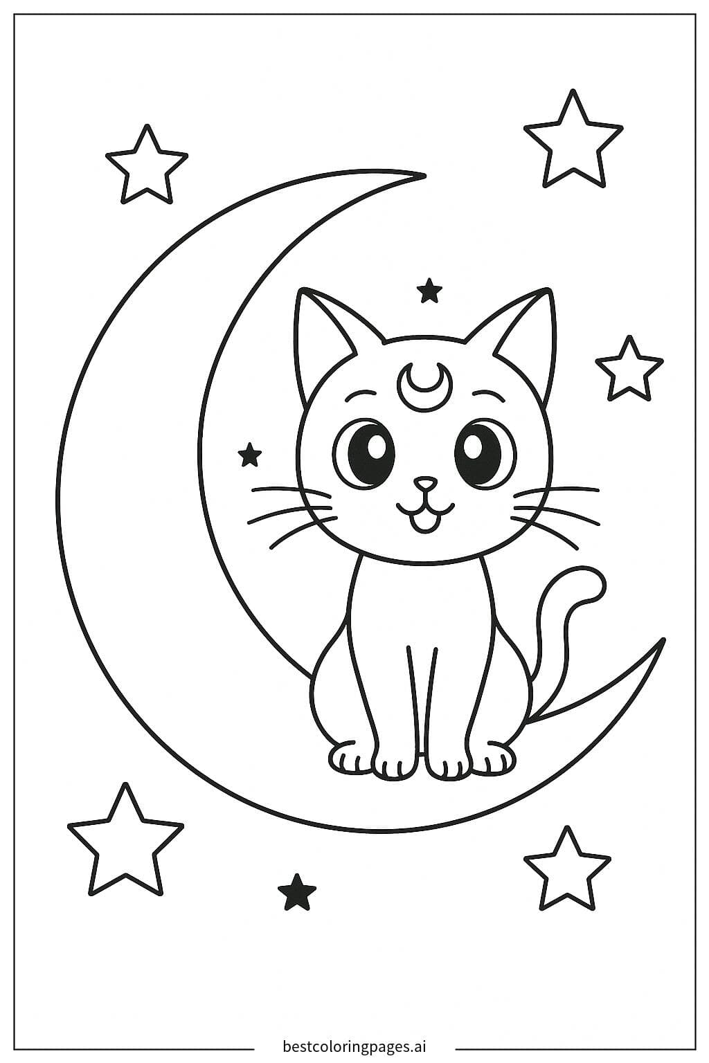 Luna il gatto seduto su una luna crescente