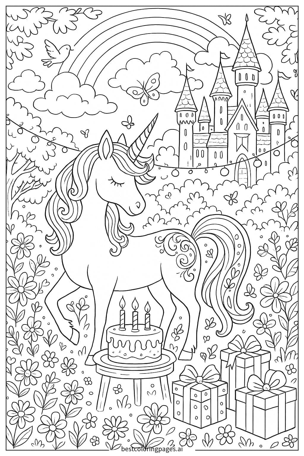 Magical Birthday Scene with Unicorn Coloring Page