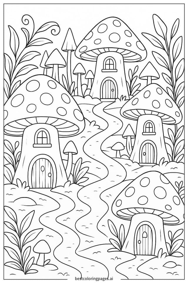 Dibujos de Pueblo mágico de setas con senderos para Colorear