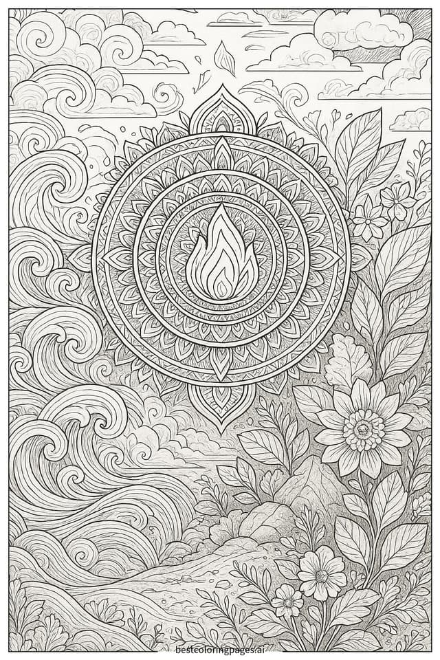 Dibujos de Mandala inspirado en los elementos de la naturaleza para Colorear