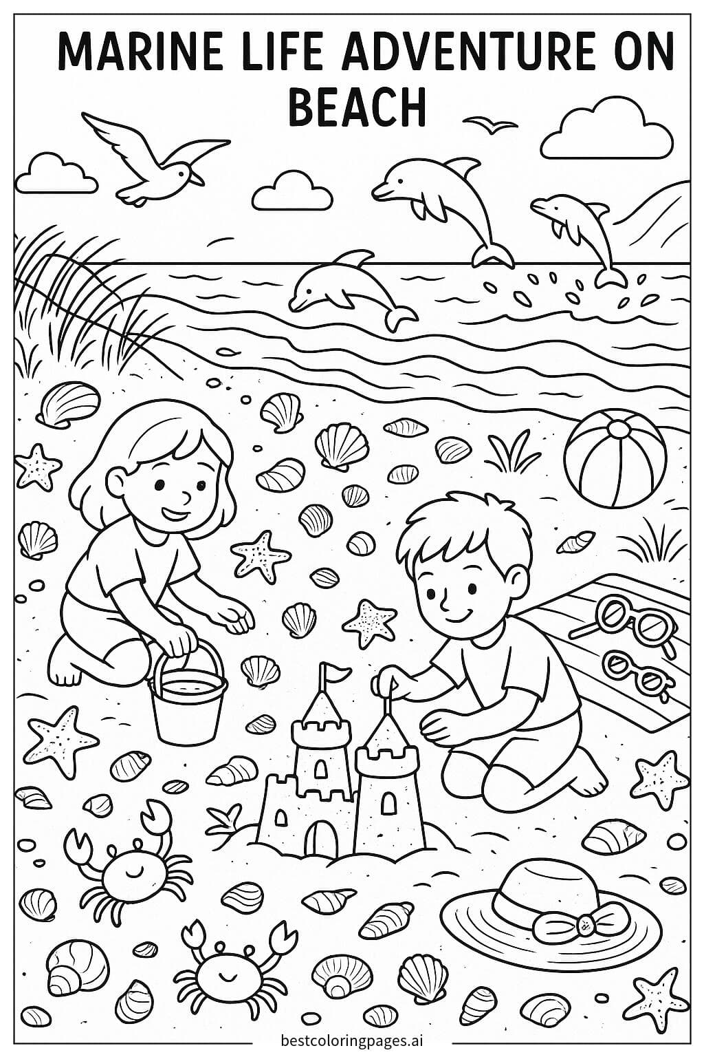 Marine Life Adventure on the Beach Coloring Page