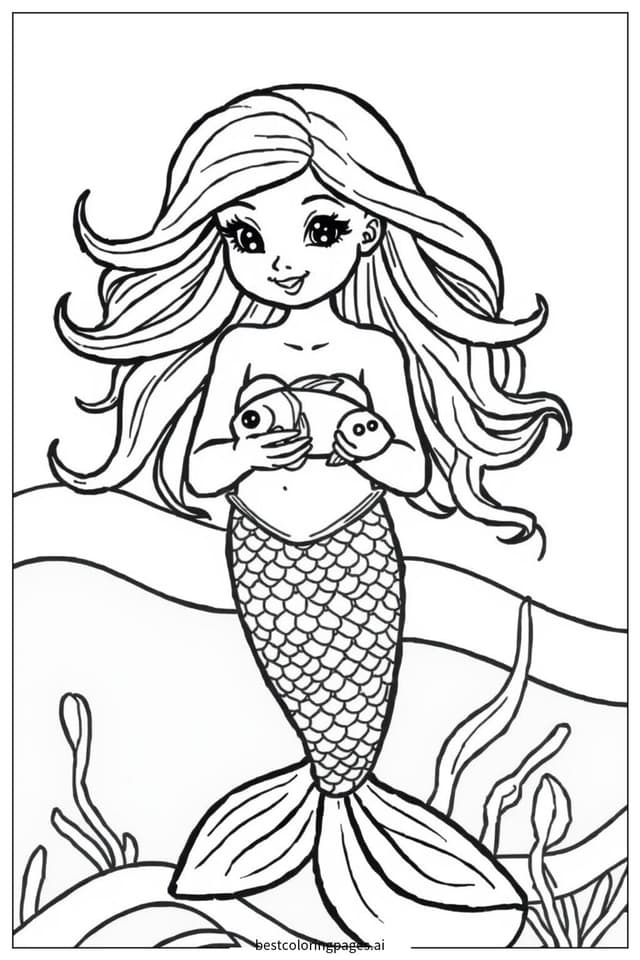 Mermaid Holding a Small Fish Coloring Pages