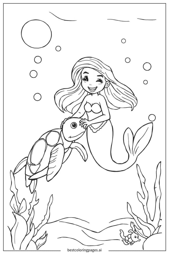 美人魚與海龜的嬉戲 著色圖