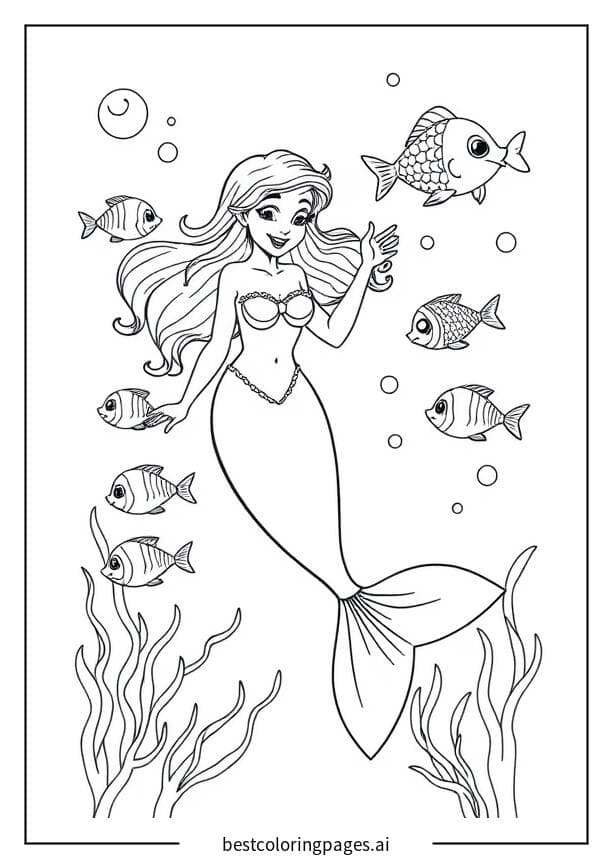 Mermaid Playing with Fish Coloring Pages