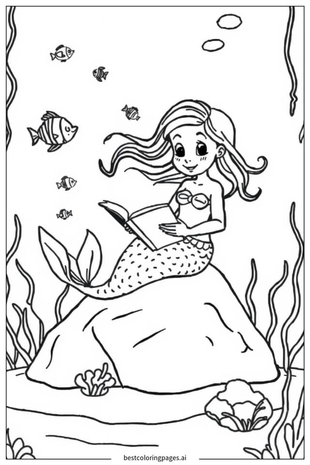 Mermaid Reading a Book Underwater Coloring Pages