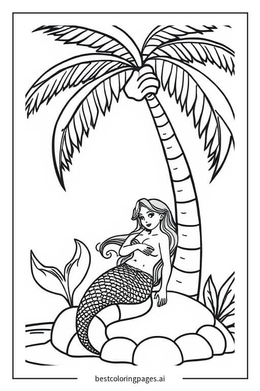 Mermaid Chilling by the Palm Coloring Pages