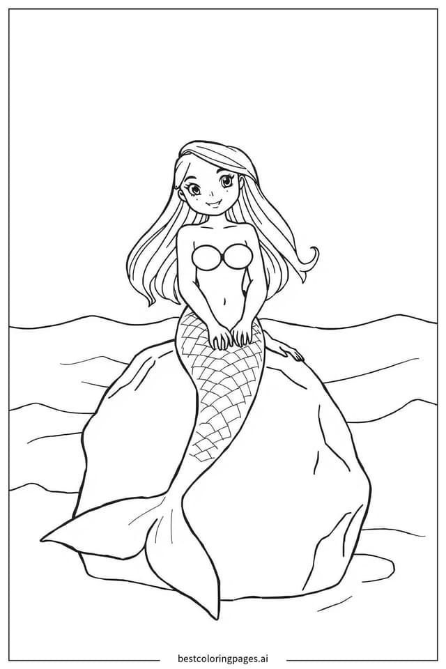 坐在岩石上的美人魚 著色圖