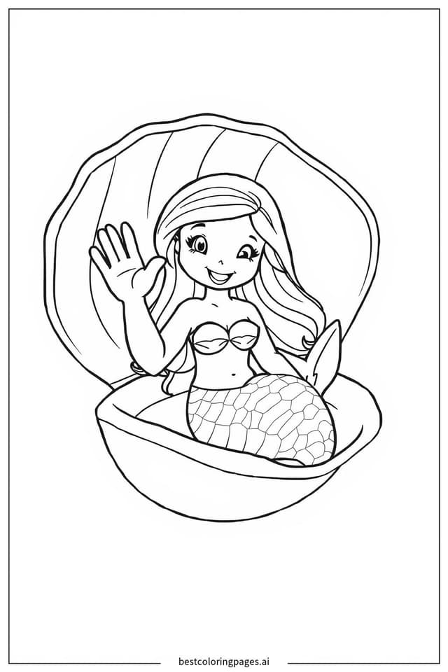 Mermaid Waving from a Seashell Coloring Pages