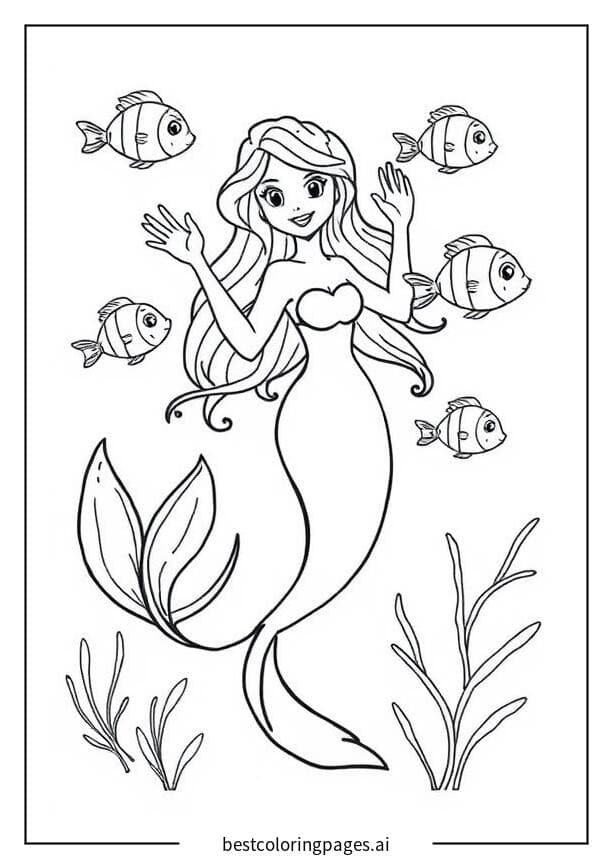 Mermaid Waves to Fish Coloring Pages