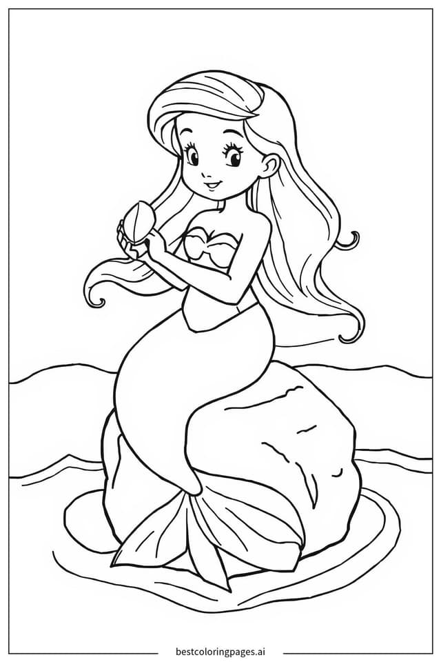 Mermaid Holding a Shiny Seashell Coloring Pages
