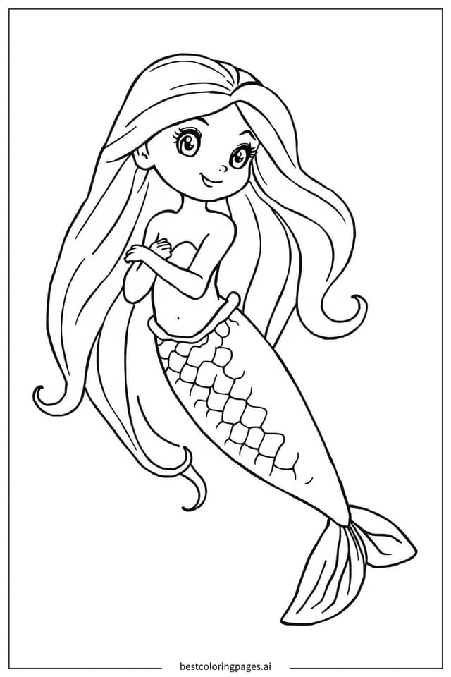 長髮飄逸的美人魚 著色圖