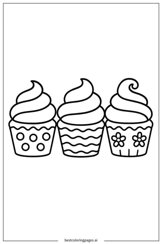 Charming Mini Cupcake Trio Coloring Page