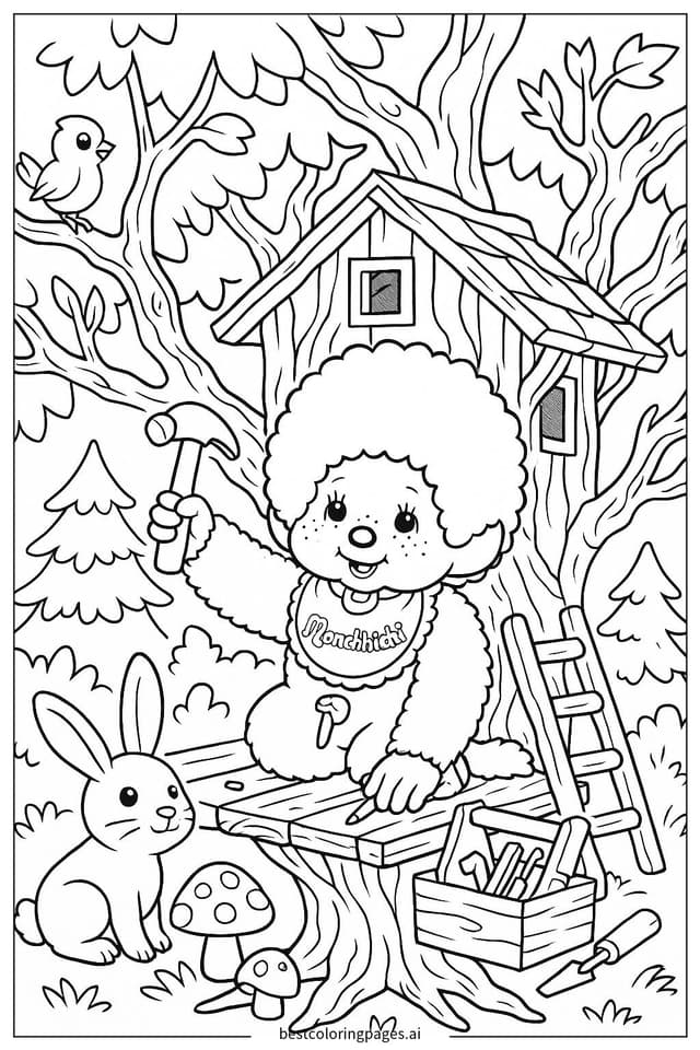 Disegni di Monchhichi costruisce una casa sull'albero da Colorare