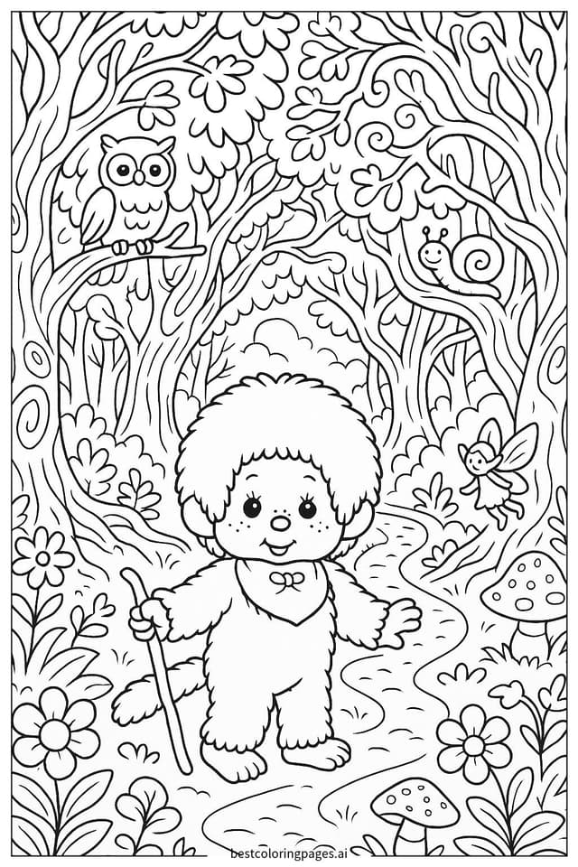 Disegni di Avventura nella Foresta di Monchhichi da Colorare