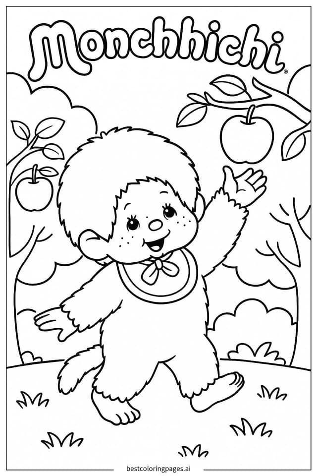 Disegni di Monchhichi Raccoglie Mele da Colorare
