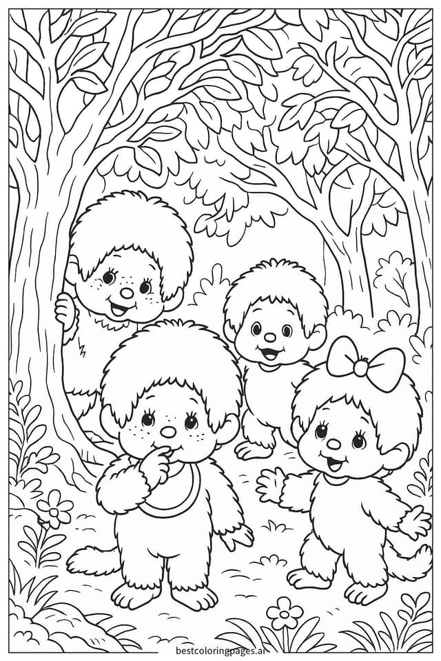 Disegni di Monchhichi che Gioca con gli Amici da Colorare