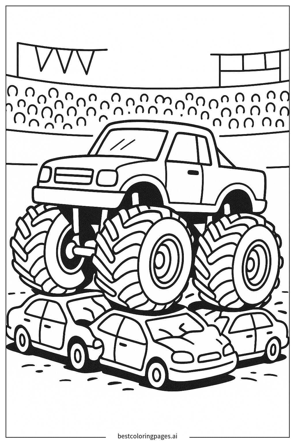 Monster Truck Crushing a Row of Cars Coloring Page