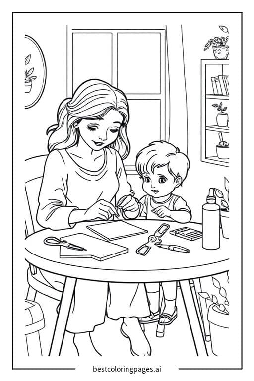 Dibujos de Madre haciendo manualidades con su hijo para Colorear