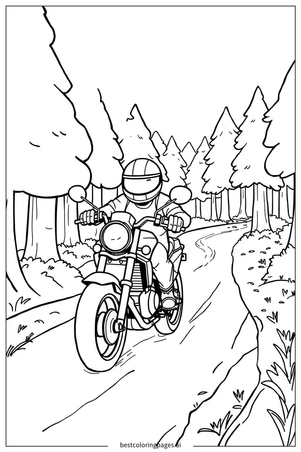 Adventurous Motorcycle Ride through the Forest Coloring Page