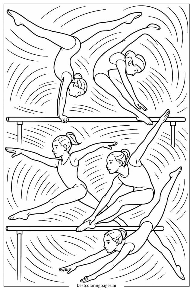 Dynamic Gymnasts on Parallel Bars Coloring Page