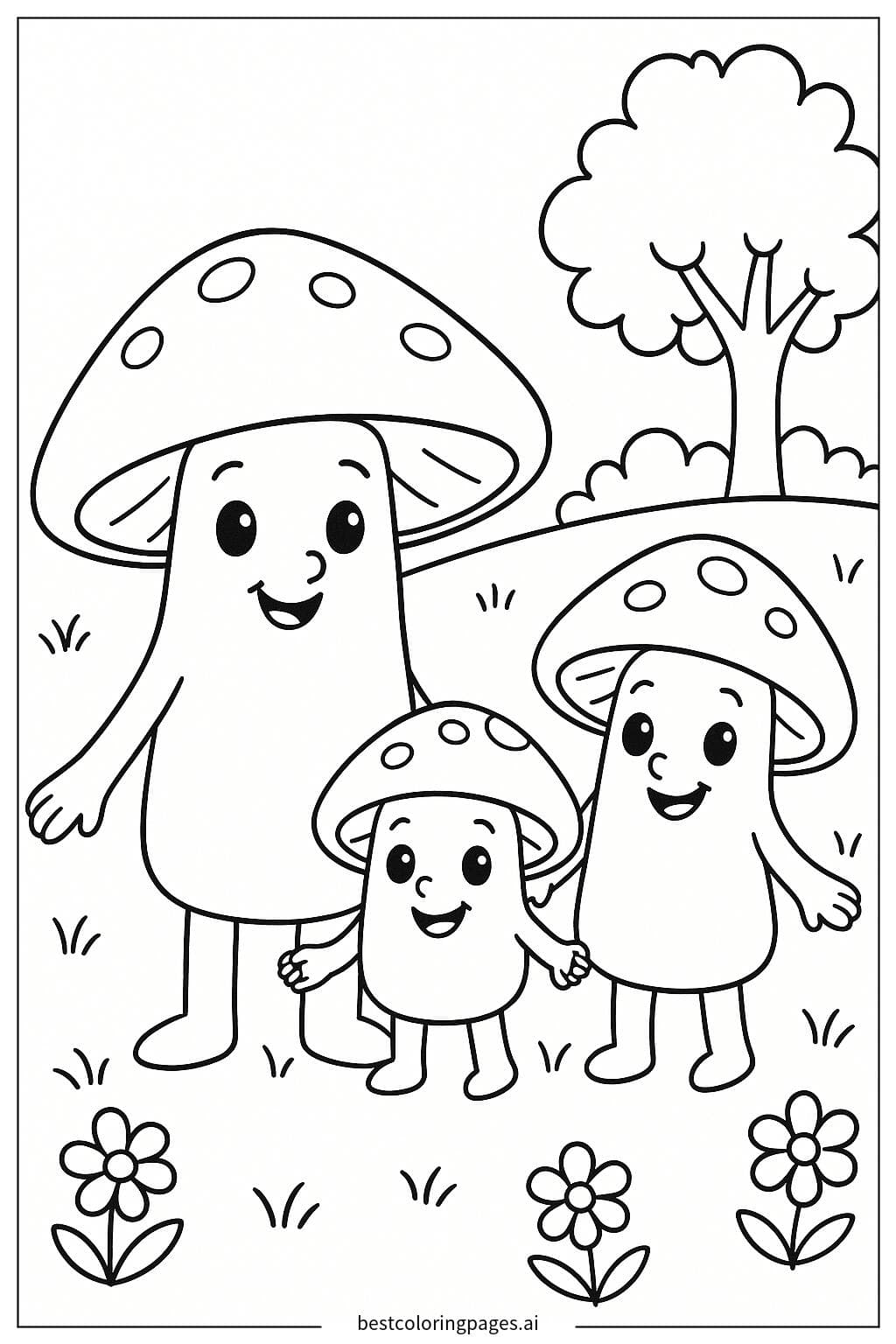 Familia de hongos tomados de la mano