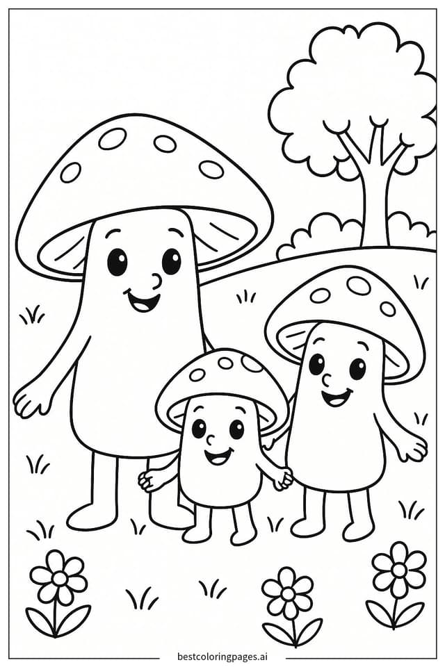 Dibujos de Familia de hongos tomados de la mano para Colorear