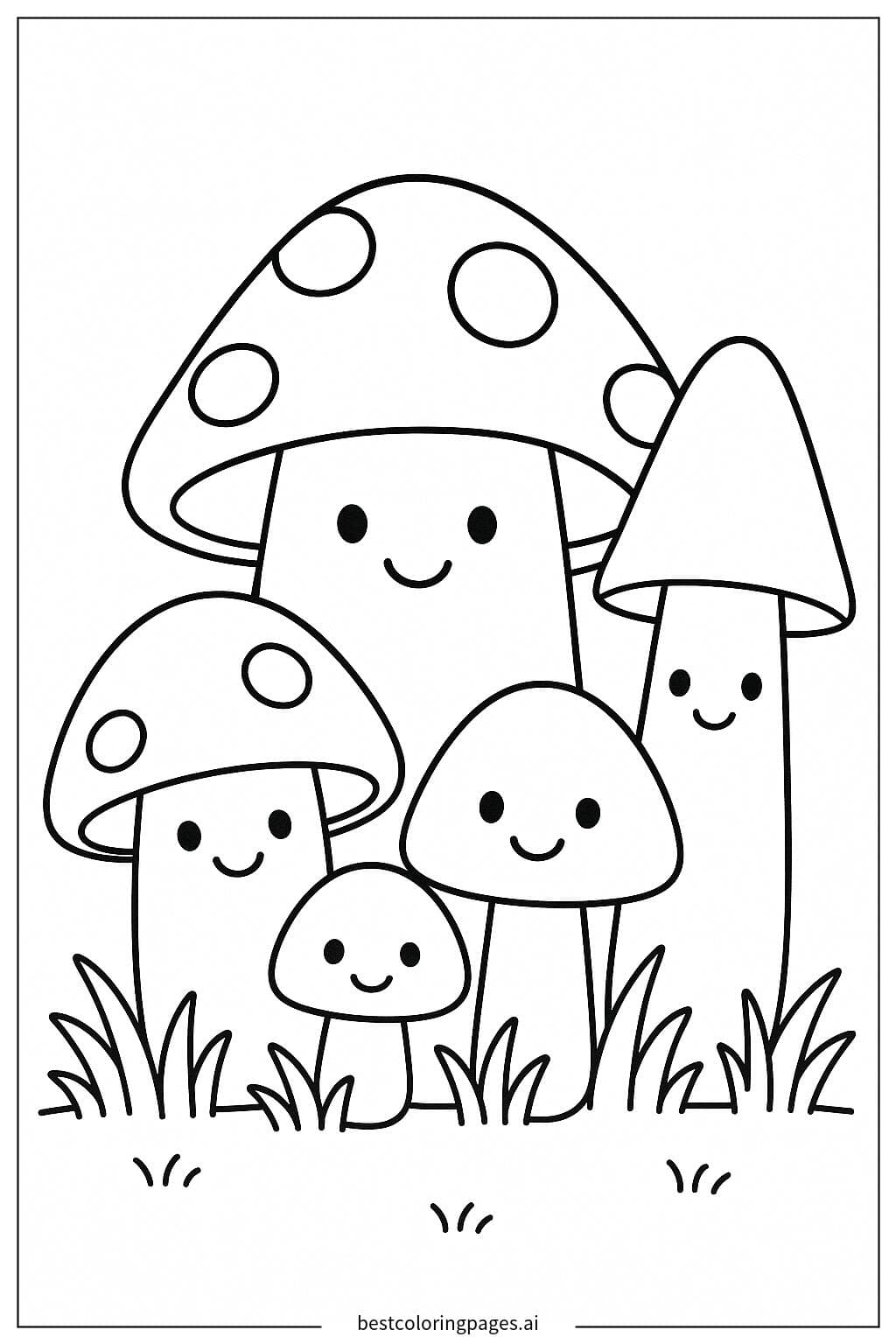 Familia de hongos con caras sonrientes