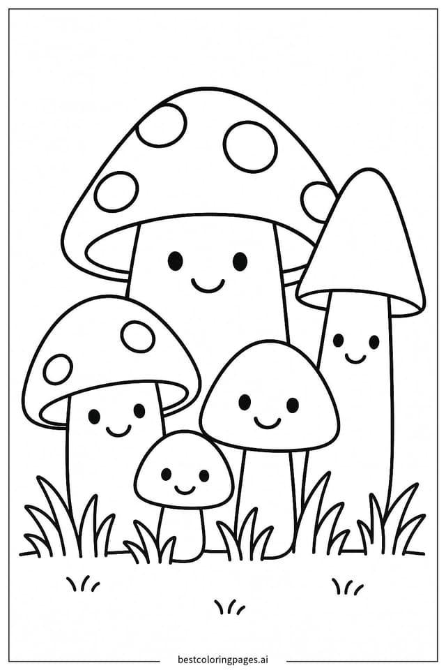 Dibujos de Familia de hongos con caras sonrientes para Colorear