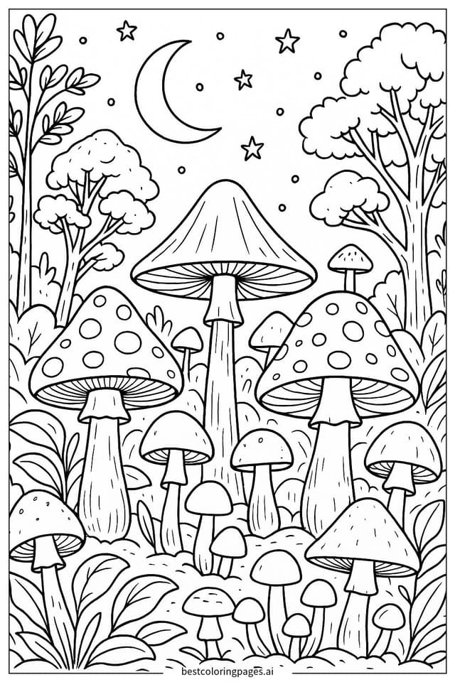 Dibujos de Bosque de hongos bajo el cielo nocturno para Colorear