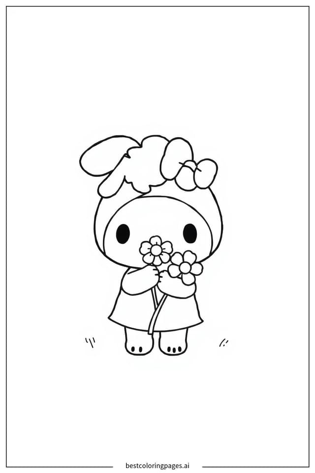 Gambar Mewarnai My Melody Memegang Bunga