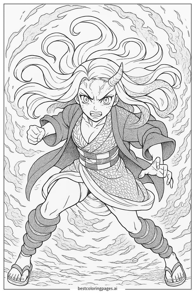Nezuko im Dämonenmodus kämpfend Ausmalbilder