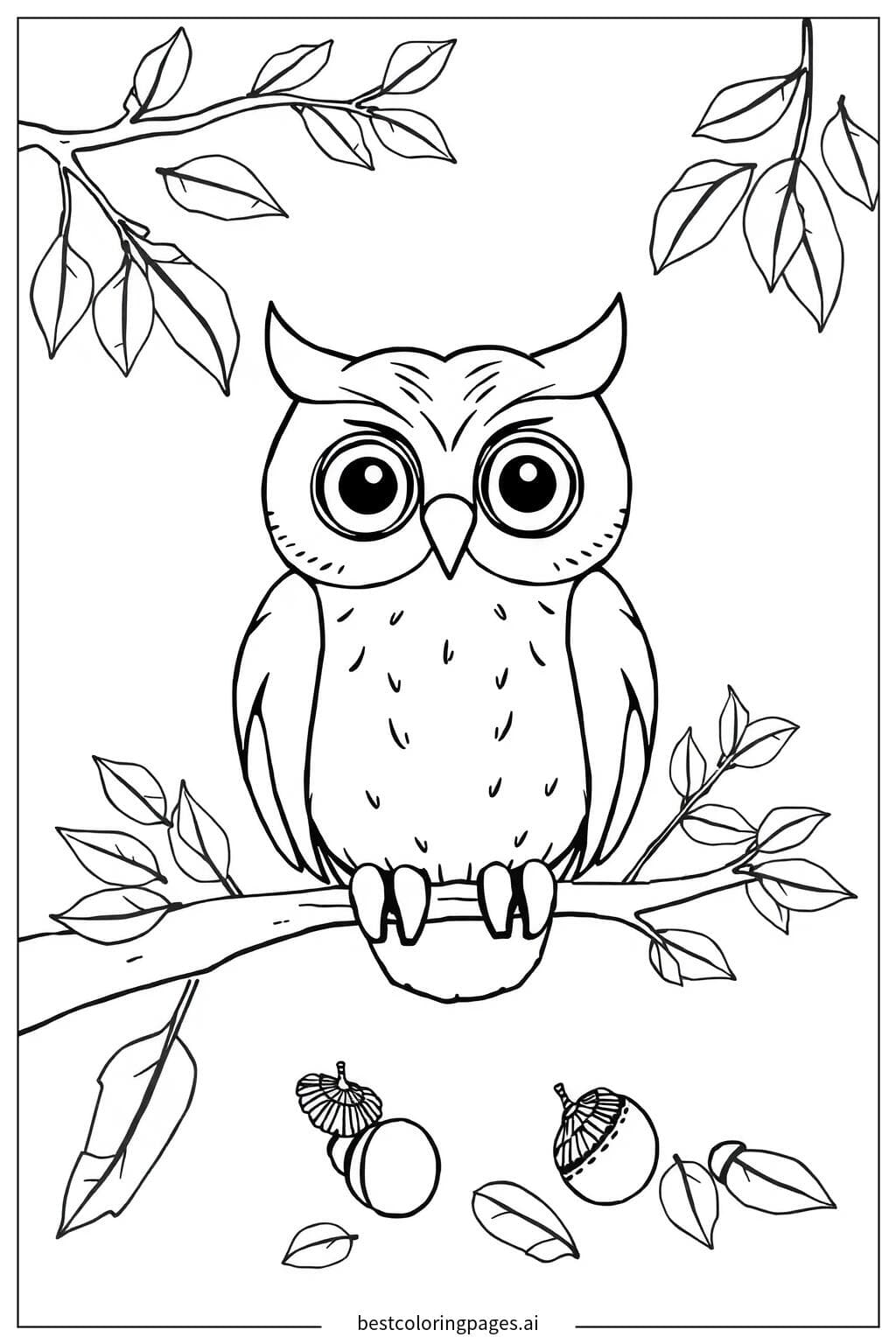 Owl Perched Among Leaves and Acorns