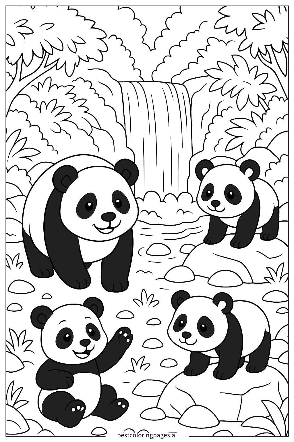 Playful Pandas at the Waterfall