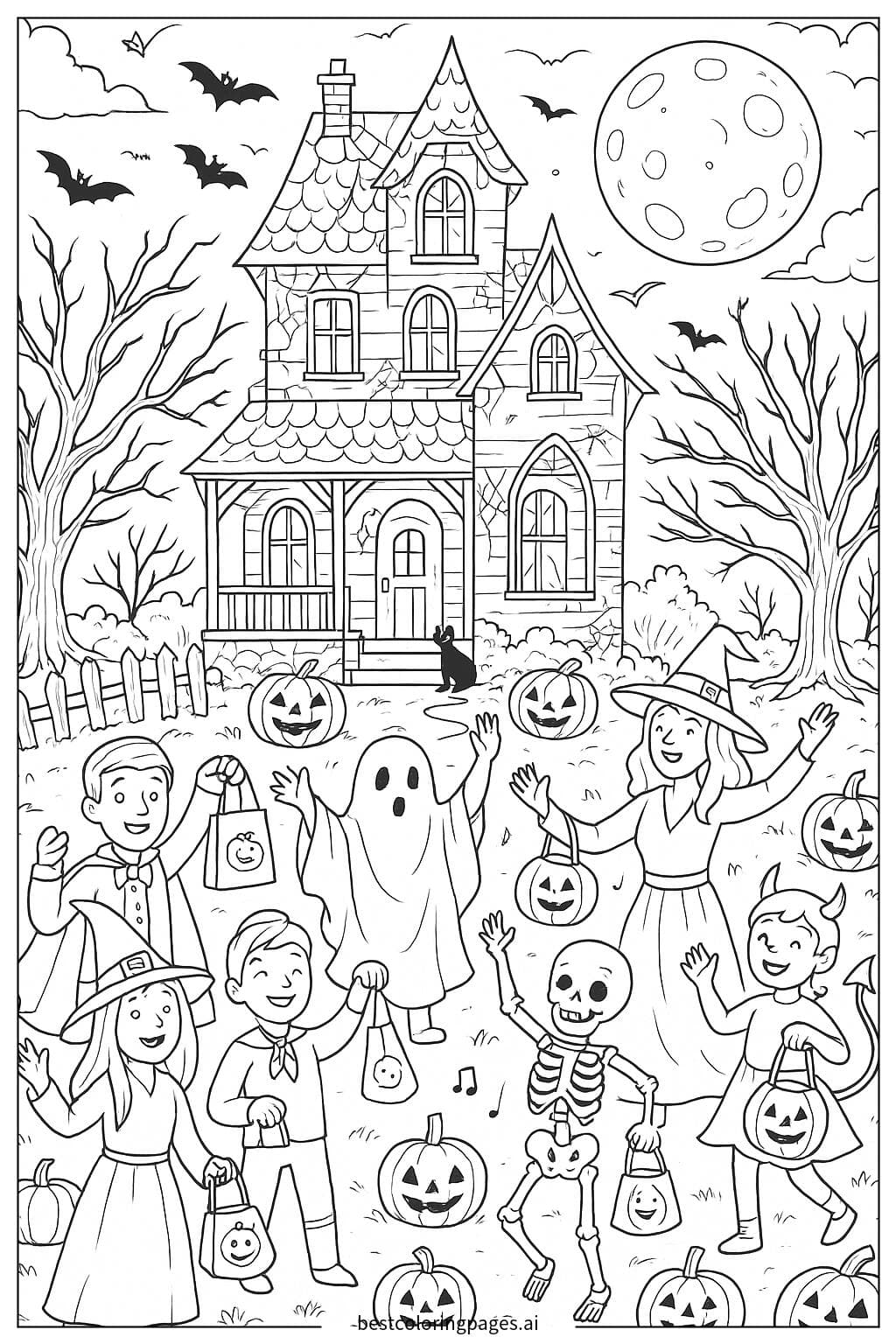 Halloween Party in Front of a Haunted House