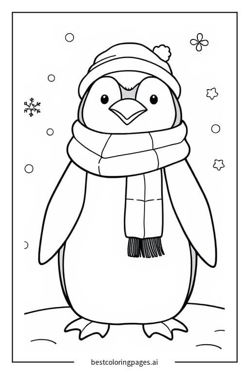 Coloriage Pingouin avec écharpe et gants