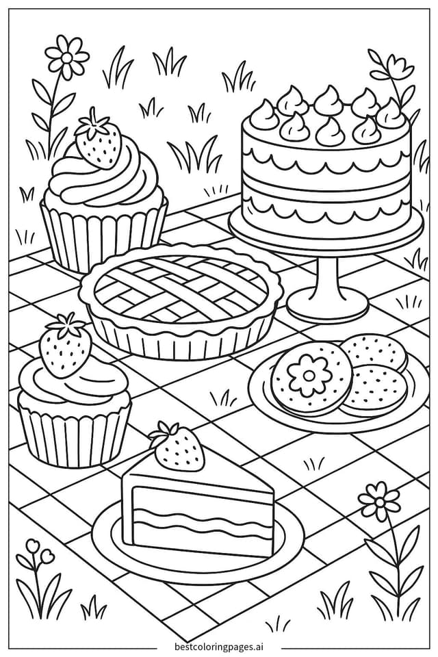 Disegni di Picnic con Vari Dolci da Colorare
