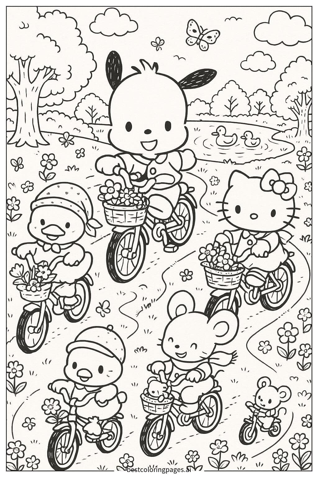 Pochacco and Friends Riding Bicycles in a Sunny Park