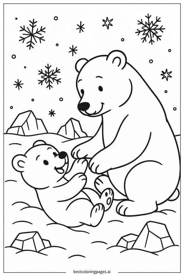 雪中北極熊與幼崽 著色圖
