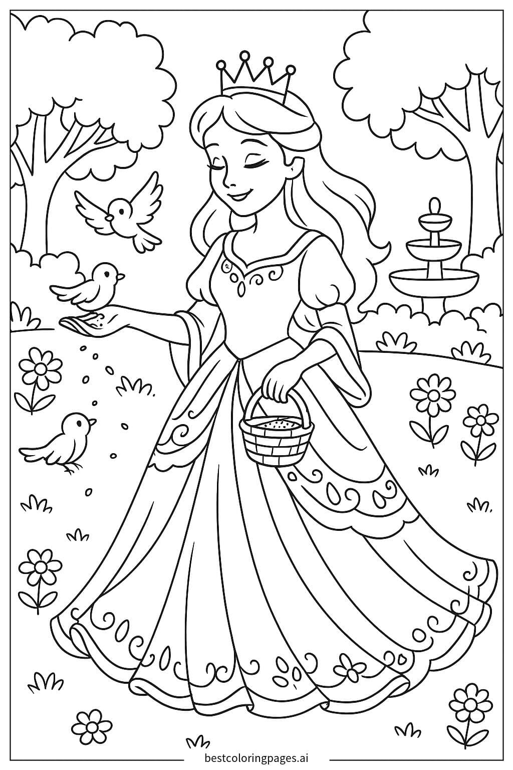 Princess Feeding Birds in a Garden