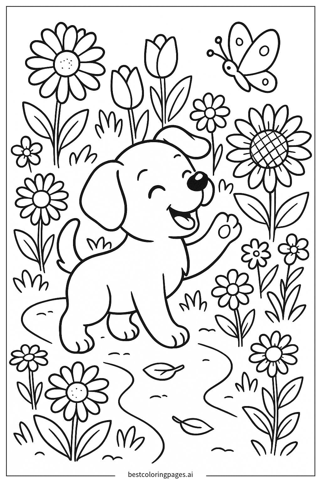 Puppy in a Flower Garden