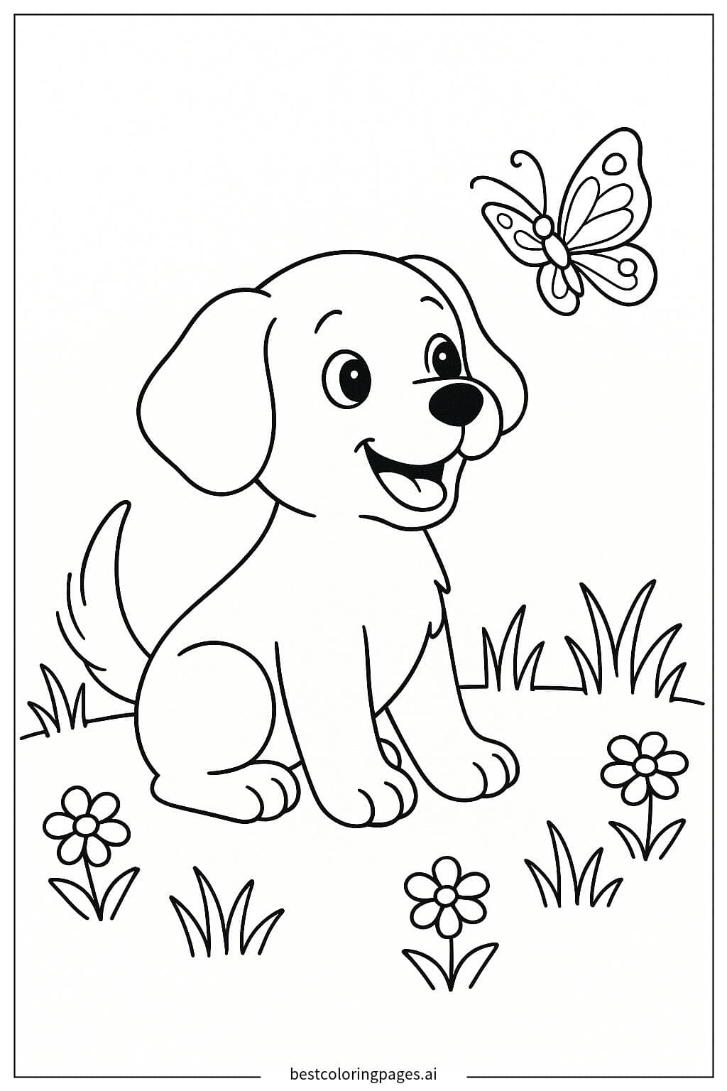 Puppy Playing with Butterfly Coloring Page