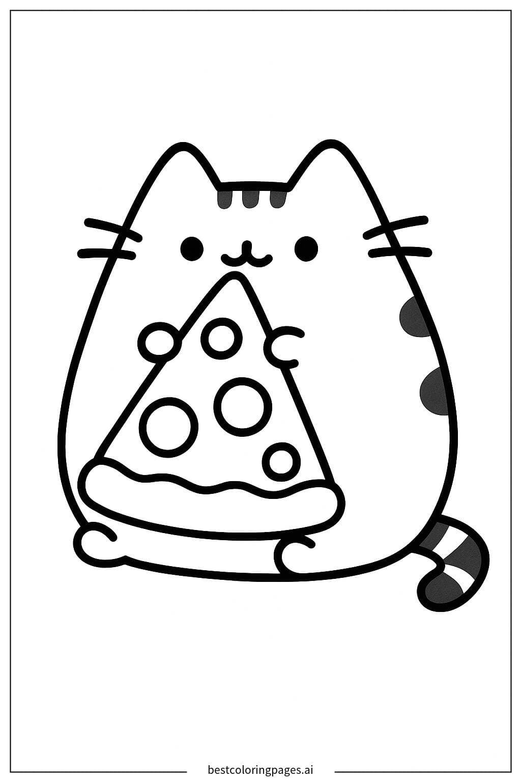 Pusheen Enjoying Pizza Coloring Page