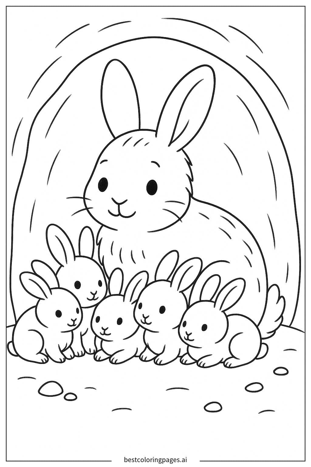 Rabbit and Baby Rabbits in a Cozy Burrow