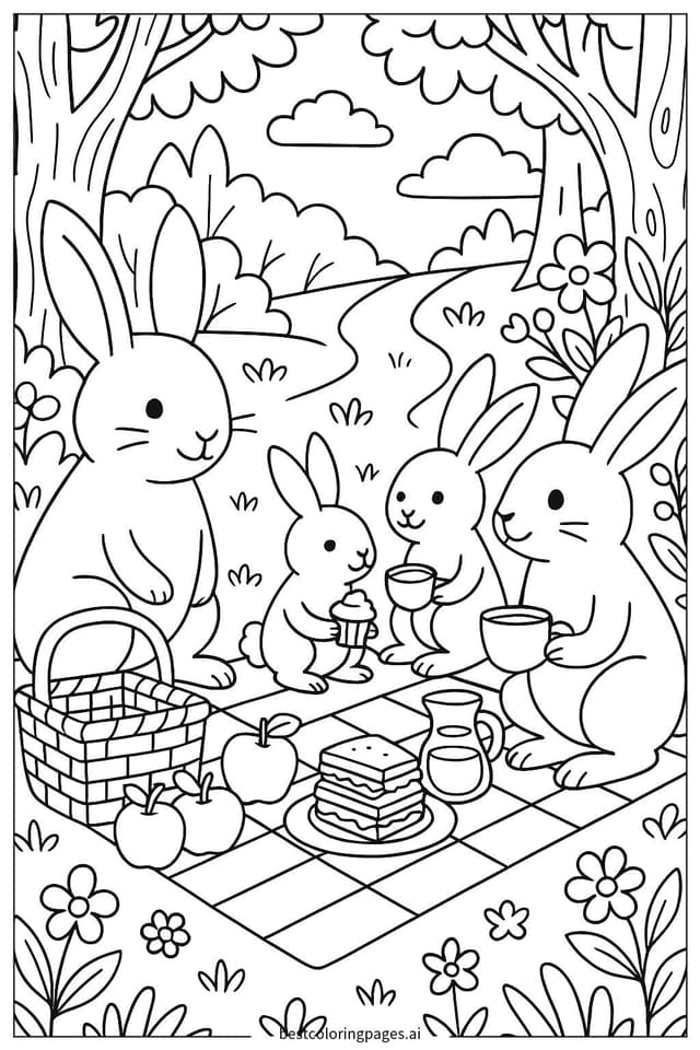 Rabbit Family Enjoying a Forest Picnic Coloring Pages