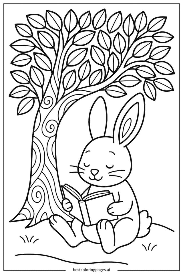Rabbit Reading a Book Under a Tree Coloring Pages