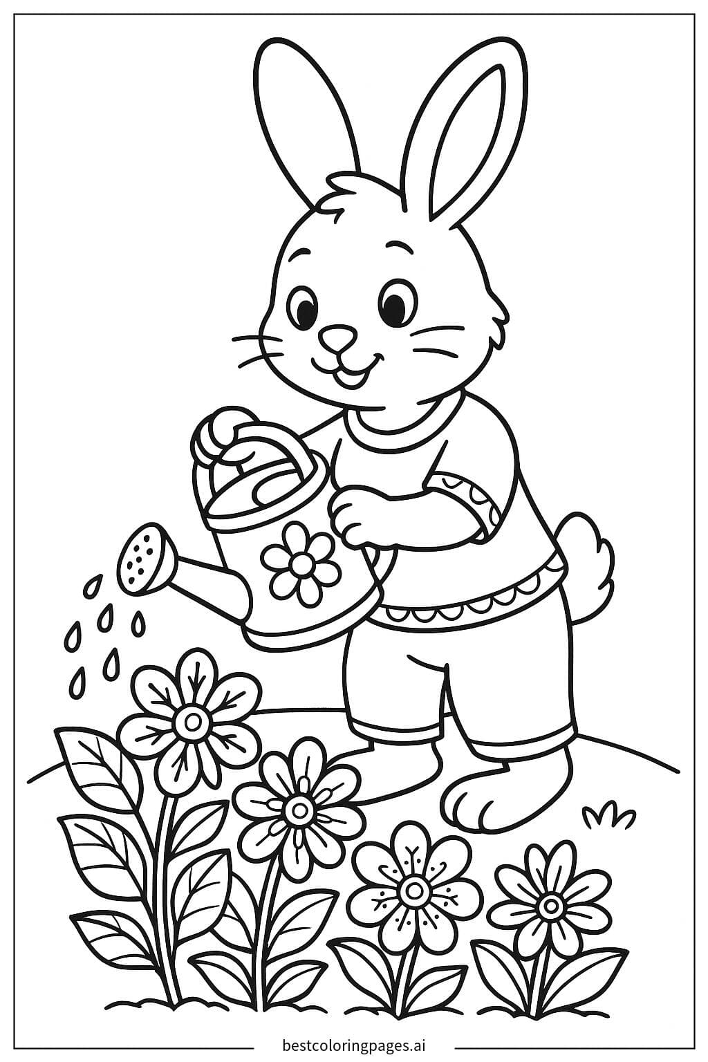 Lapin arrosant des fleurs dans un jardin