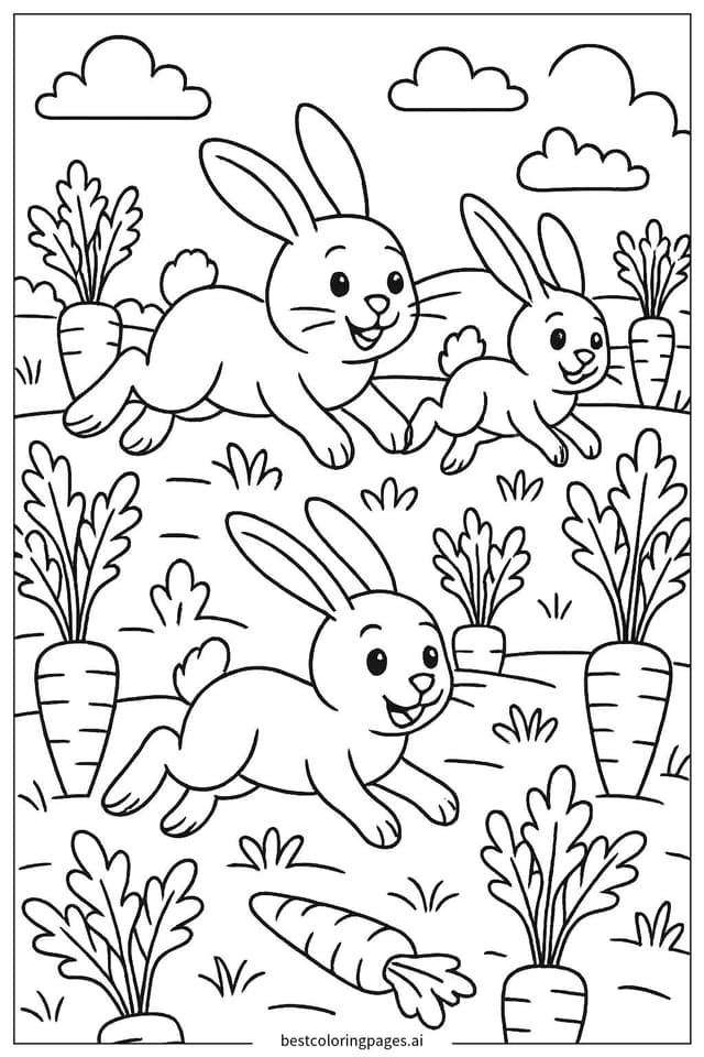 Rabbits Racing in a Carrot-Filled Field Coloring Pages