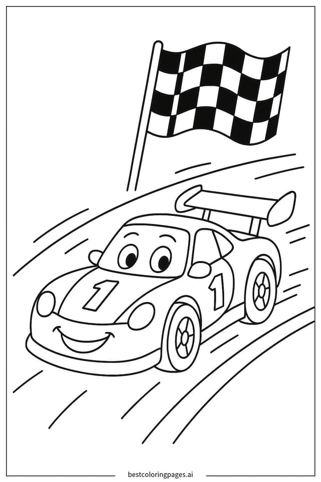 Exciting Race Car with Victory Flag Coloring Pages